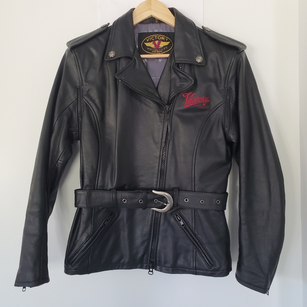 VICTORY MOTORCYCLE Women M Black Leather Moto Zips Jacket Belted Logos V…